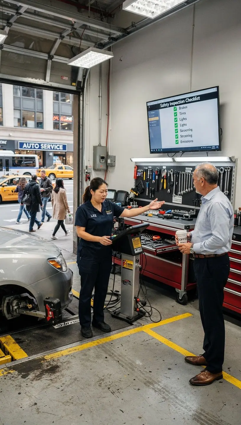 Close-up of a vehicle emissions test being conducted as part of New York regulatory requirements.